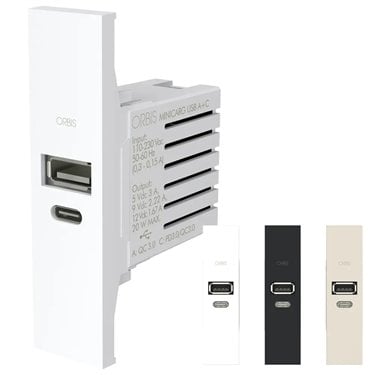 OB140623 - Orbis - Minicarg USB A+C LN – Встраиваемый блок питания USB A+C, 5 В DC 3 А, питание 230 В